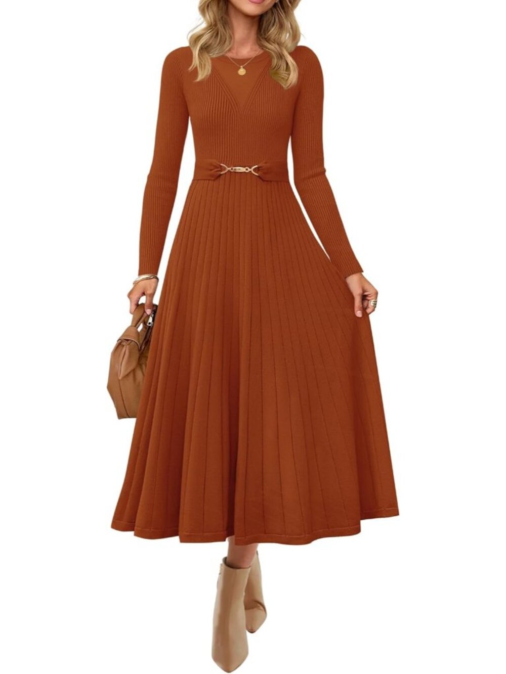 🆕Women's Rust Brown Long Sleeve Crew Neck High Waist A line Midi Sweater Dress